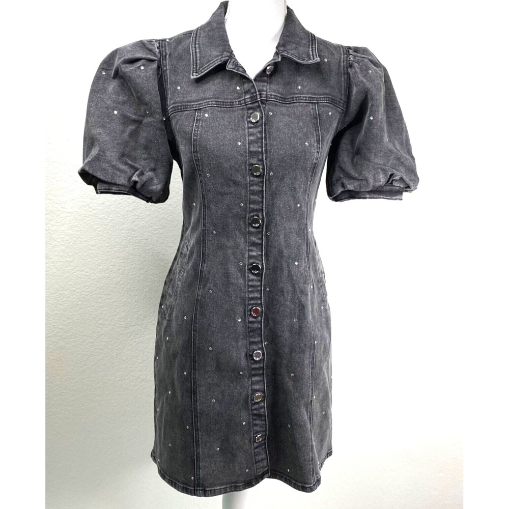 Crās Helen Dress Women's Black Sz 38/M Denim Rhinestones Puff Sleeves NWT 836b